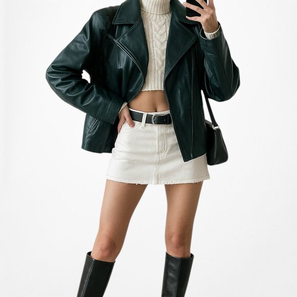 Vintage Y2K Dark Green Motorcycle Faux Leather Jacket Size 6/M - Picture 1 of 6